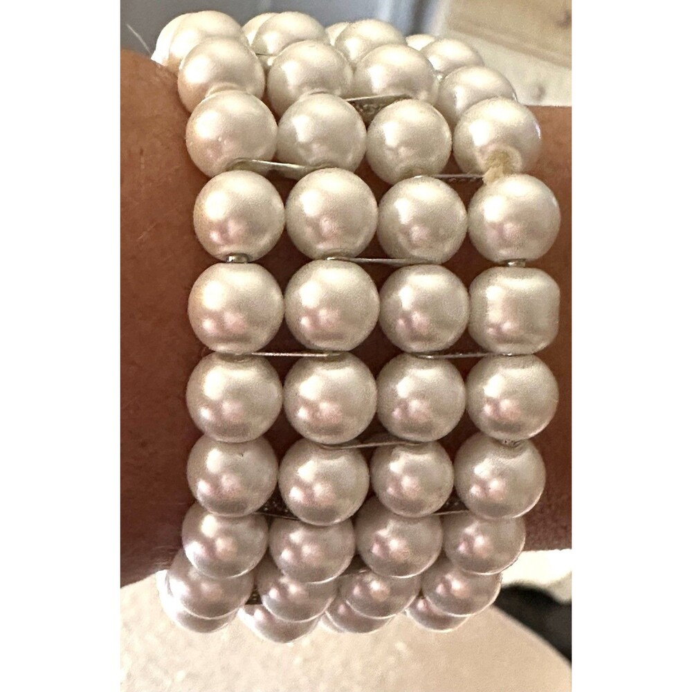 Vintage 18K GP Faux Pearl Wide Cuff Bracelet 6 Row Ivory Pearl Statement